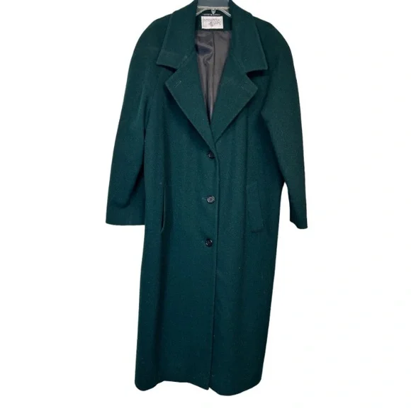 Vintage Wool Coat Long Green Notched Lapel International Scenelined size 16